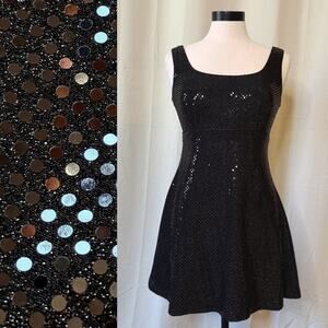 VTG Y2K 90s Betsy & Adam Sequin Sparkly Black Mini Babydoll Flare Dress